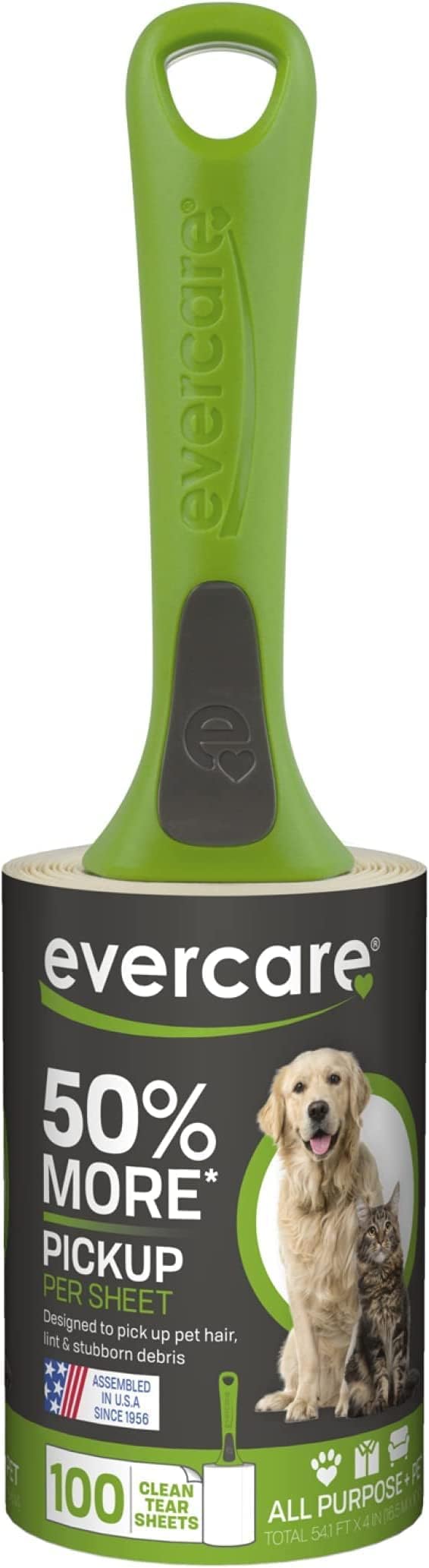 Evercare Pet Hair Lint Rollers All Purpose Use Easy-Tear Sheets Per Roll Reusable Sticky Roller Pets Cat,Dog Hair Remover Contoured Handle for Furniture Clothing & Cars,Green, 200 Sheets (Pack of 12)
