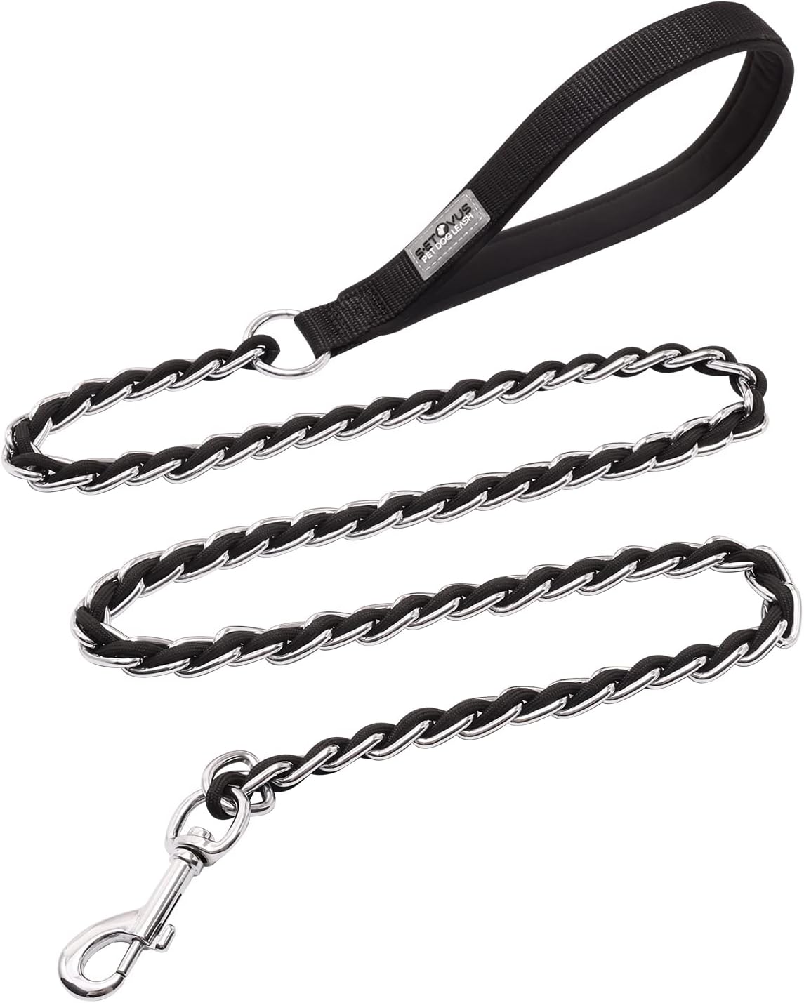 Chain Dog Leash, Bite-Proof Metal Leash, with Padded Handle，Black