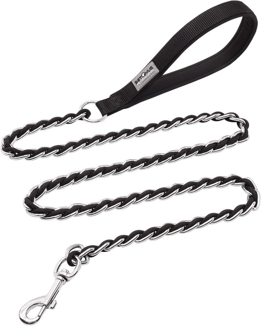 Chain Dog Leash, Bite-Proof Metal Leash, with Padded Handle，Black