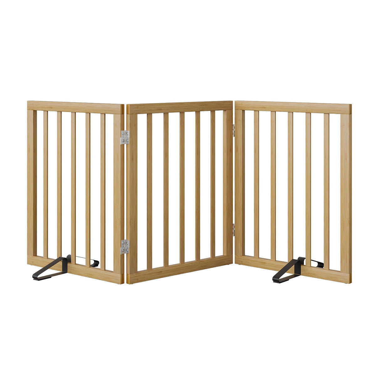 Freestanding Pet Gate Foldable 4 Panel Dog Gate Walnut Dog Gates for Stair Doorways House Indoor (2 Support Feet Included)
