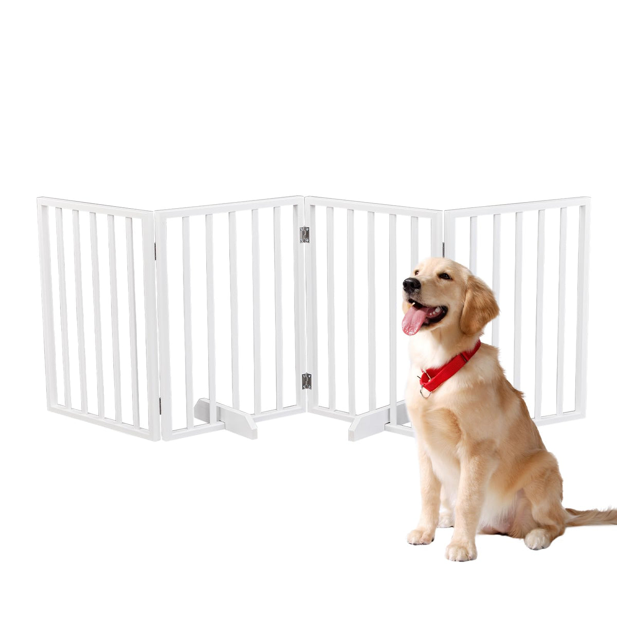 Outvita Freestanding Dog Gate, 24" H Foldable Wooden Pet Barrier Fence, 4-Panel Extra Wide Pet Fence with Support Feet for Stairs, Hallways,Doorways(Brown)