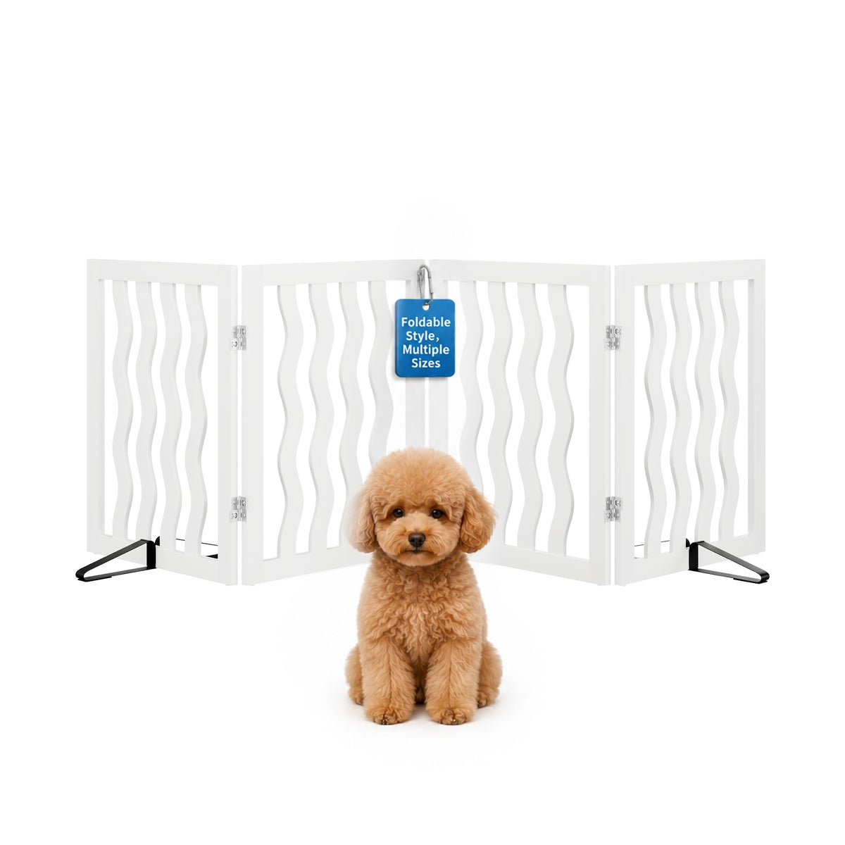 Semiocthome Dog Gate Wooden 360° Foldable 24 Inch Height Freestanding Pet Safety Gate with 2 Metals Stands for Puppy Indoor House Use (Brown, 2-Panel, Rounded Corner Pattern)