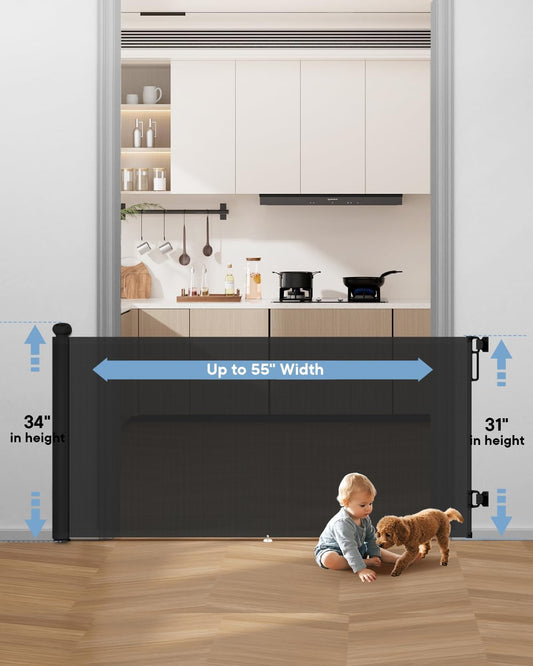 Retractable Baby Gates, 34" Tall Fits Up to 55" Wide, Black