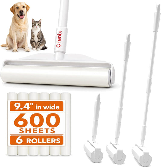 Long Handle Extra Sticky Large Lint Roller for Pet Hair, 6 Rolls 600 Sheets