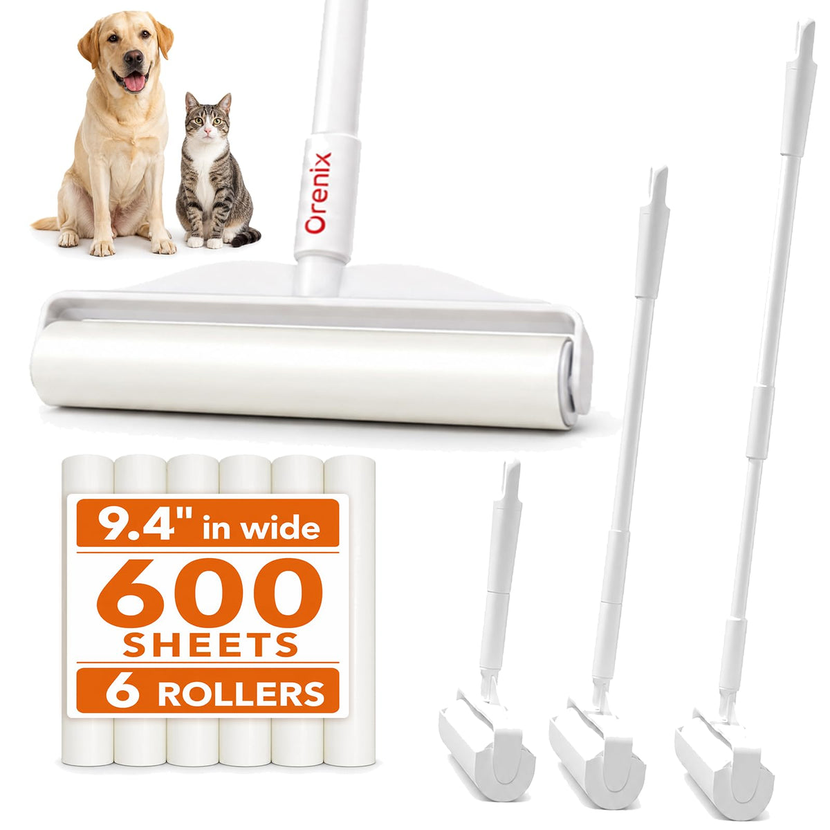 Long Handle Extra Sticky Large Lint Roller for Pet Hair, 6 Rolls 600 Sheets