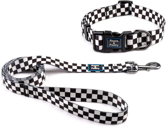 Roses&Poetry Dog Collar and Leash for Small,Adjustable Durable 5ft Puppy Leash Collar for Dog Training Lead（Black & White-S）