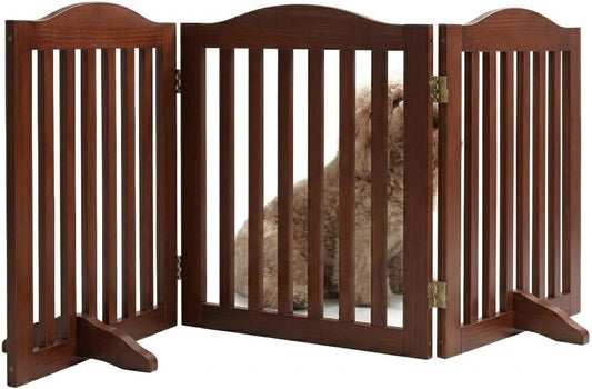 24 Inch Brown Foldable Dog Gate, 3-Panel Freestanding Solid Wood
