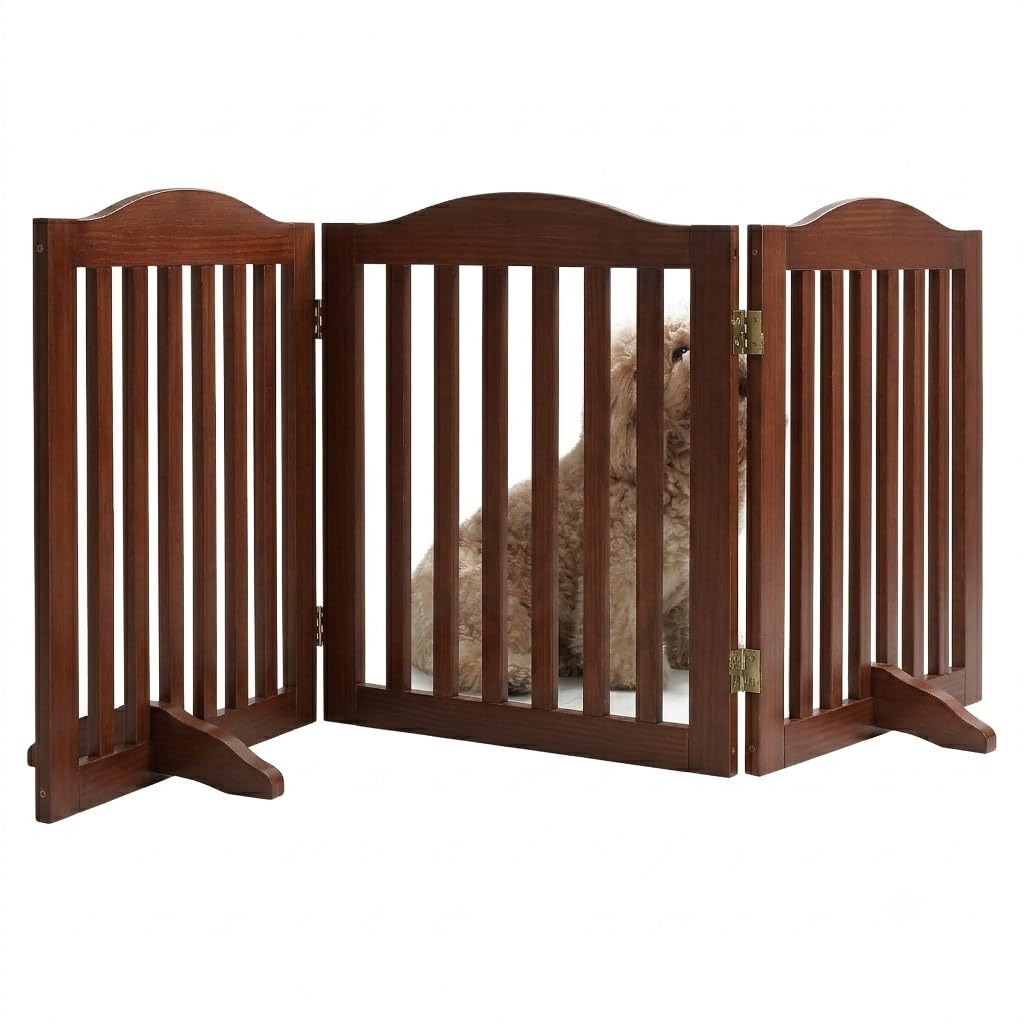 24 Inch Brown Foldable Dog Gate, 3-Panel Freestanding Solid Wood