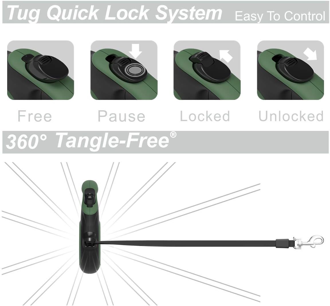 TUG Original Retractable Dog Leash, 16 ft (Large, Green)