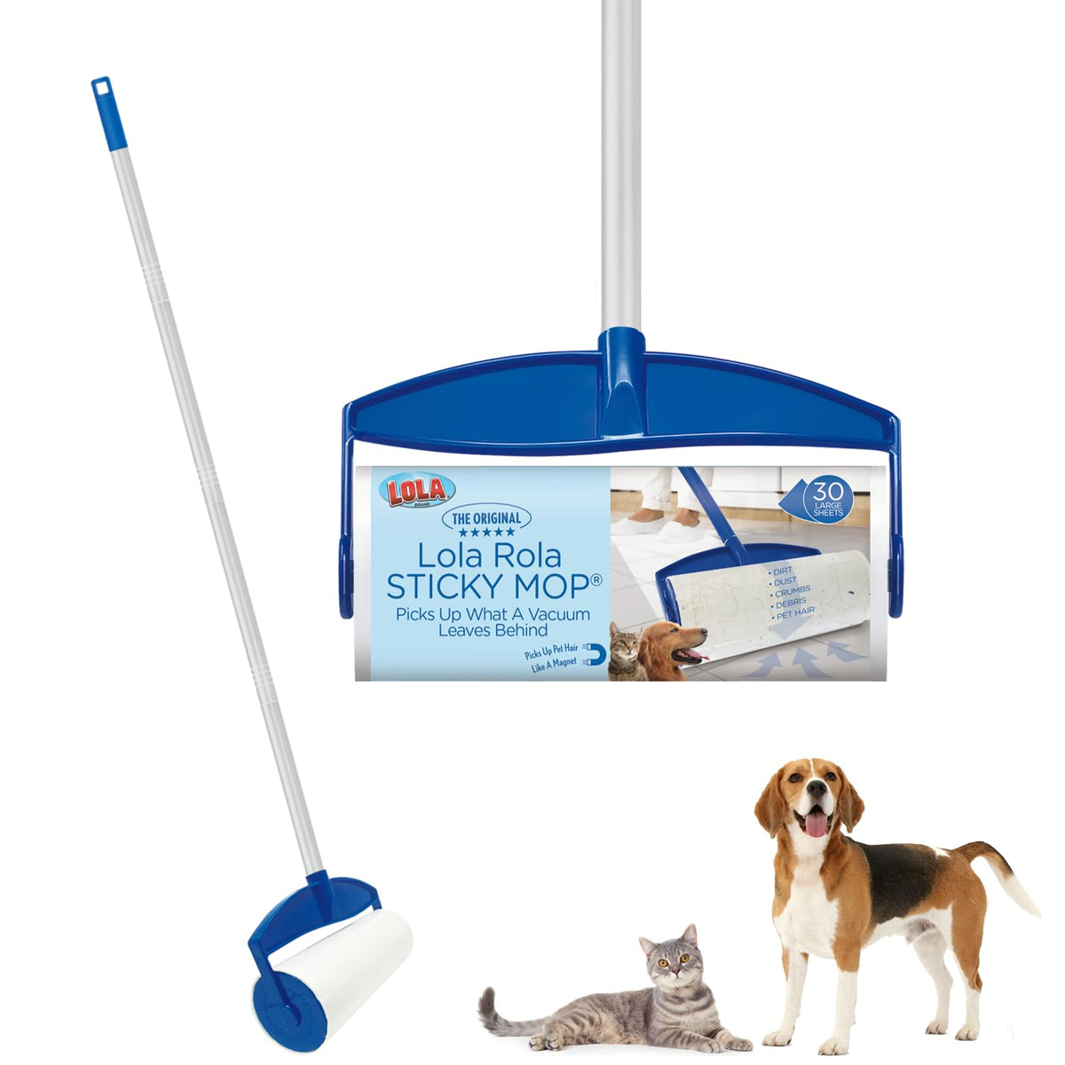 LOLA Rola PET Hair Remover Sticky Mop, Giant Floor Lint Roller, 9.5" x 3.5", Aluminum Handle, Largest Head, Traps Hair, Dust, Dirt, Extra Sticky Sheets