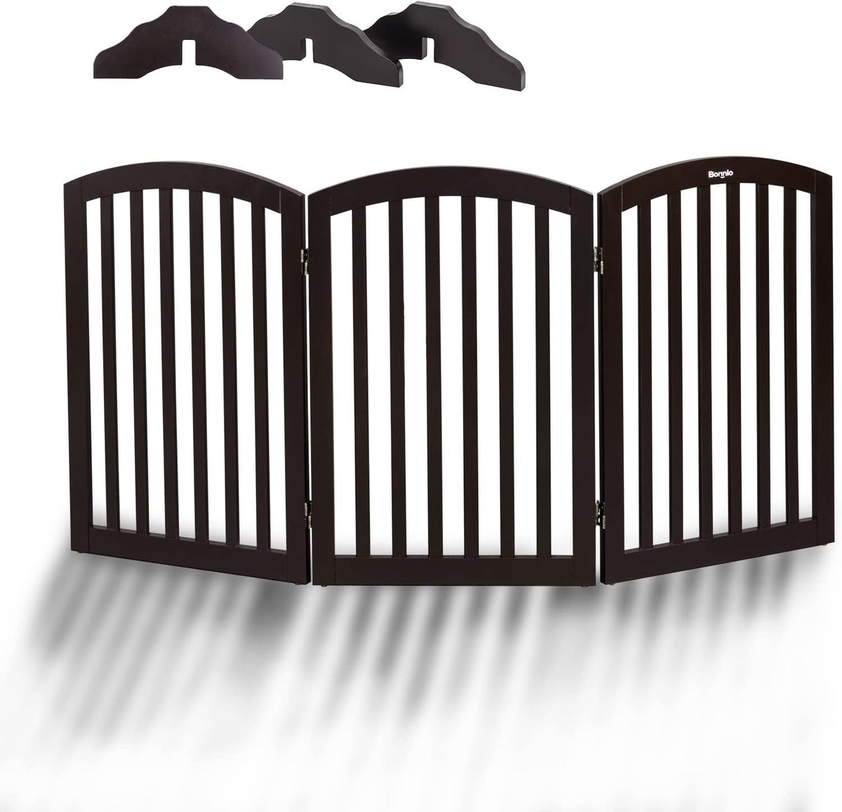 Bonnlo 3-Panel Wooden Free Standing Pet Gate for Dogs, 30'' Tall Dog Gates for the House, Doorways & Stairs, Dog Fences Indoor Puppy Gate with 3 Foot Supporters, Up to 61” Wide, Espresso