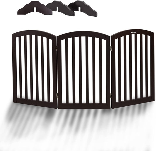 Bonnlo 3-Panel Wooden Free Standing Pet Gate for Dogs, 30'' Tall Dog Gates for the House, Doorways & Stairs, Dog Fences Indoor Puppy Gate with 3 Foot Supporters, Up to 61” Wide, Espresso