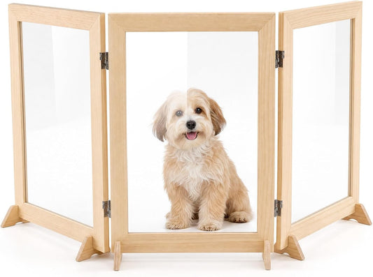 Wood Clear Dog Gate, Clear Acrylic Pet Gate for Dogs, Free Standing Pet Gates with Wooden Legs Prevent Tipping for Doorways, 3-Folding Freestanding Puppy Cat Fence, Dog Barriers for Indoor