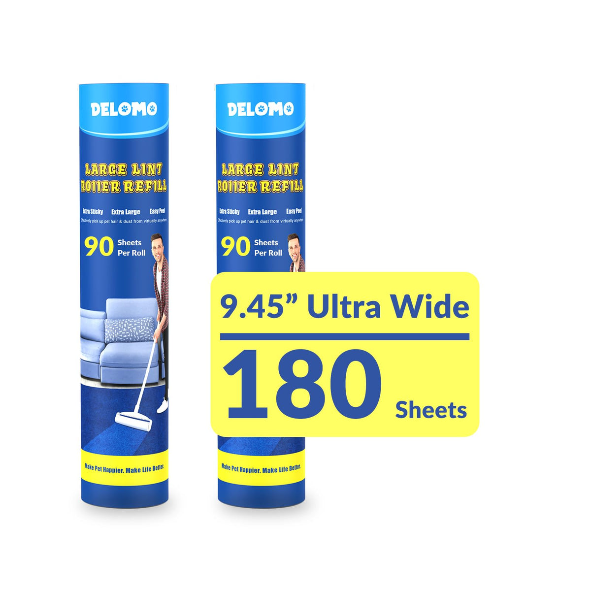 DELOMO 9.45” Large Lint Roller for Pet Hair, Long & Short Handles, 2 Packs