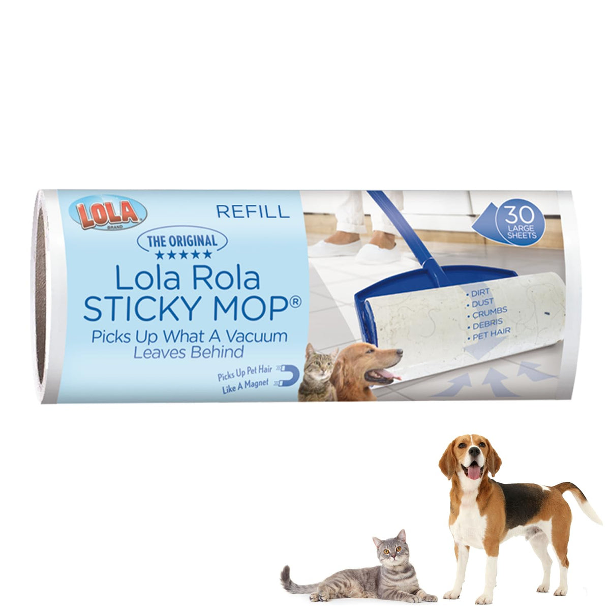 LOLA Rola PET Hair Remover Sticky Mop, Giant Floor Lint Roller, 9.5" x 3.5", Aluminum Handle, Largest Head, Traps Hair, Dust, Dirt, Extra Sticky Sheets