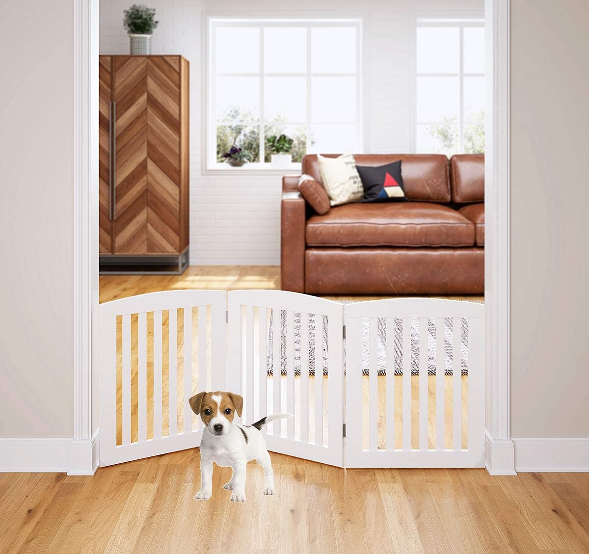PAWLAND Wooden Freestanding Foldable Pet Gate for Dogs, 24 Inch H, 3 Panels