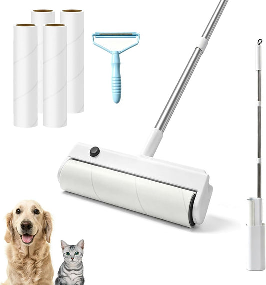 9.45" Long Handle Lint Roller for Pet Hair - 5 Refills 300 Sticky Sheets, Pet Hair Remover with Scraper for Cleaning Pet Hair, Couch, Carpet, Curtains, Cars, Floors