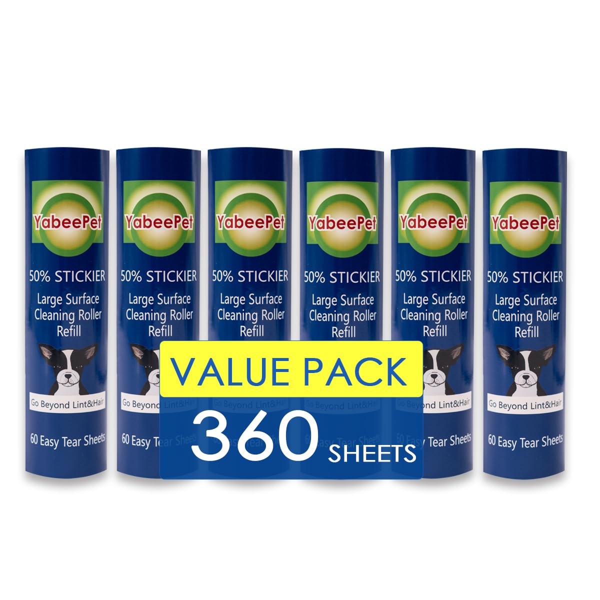 8 inch Large Surface Roller Refill for Scotch-Brite 50% Stickier Lint Roller, Works Great On Pet Hair (60 Sheets per Roll, 6 Pack)