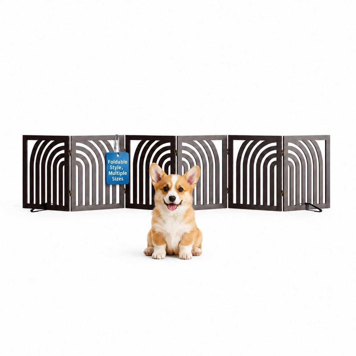Semiocthome Dog Gate Wooden 360° Foldable 24 Inch Height Freestanding Pet Safety Gate with 2 Metals Stands for Puppy Indoor House Use (Brown, 2-Panel, Rounded Corner Pattern)