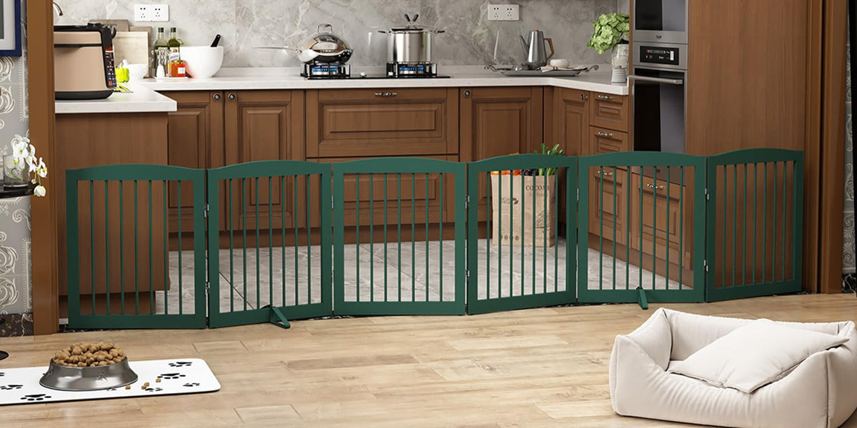 PUPETPO Freestanding Pet Gate for Dogs, Foldable Wooden Dog Gate for House, Indoor Pet Barrier for Stairs, Doorways, Support Feet Included, 24" Height 2 Panels, White