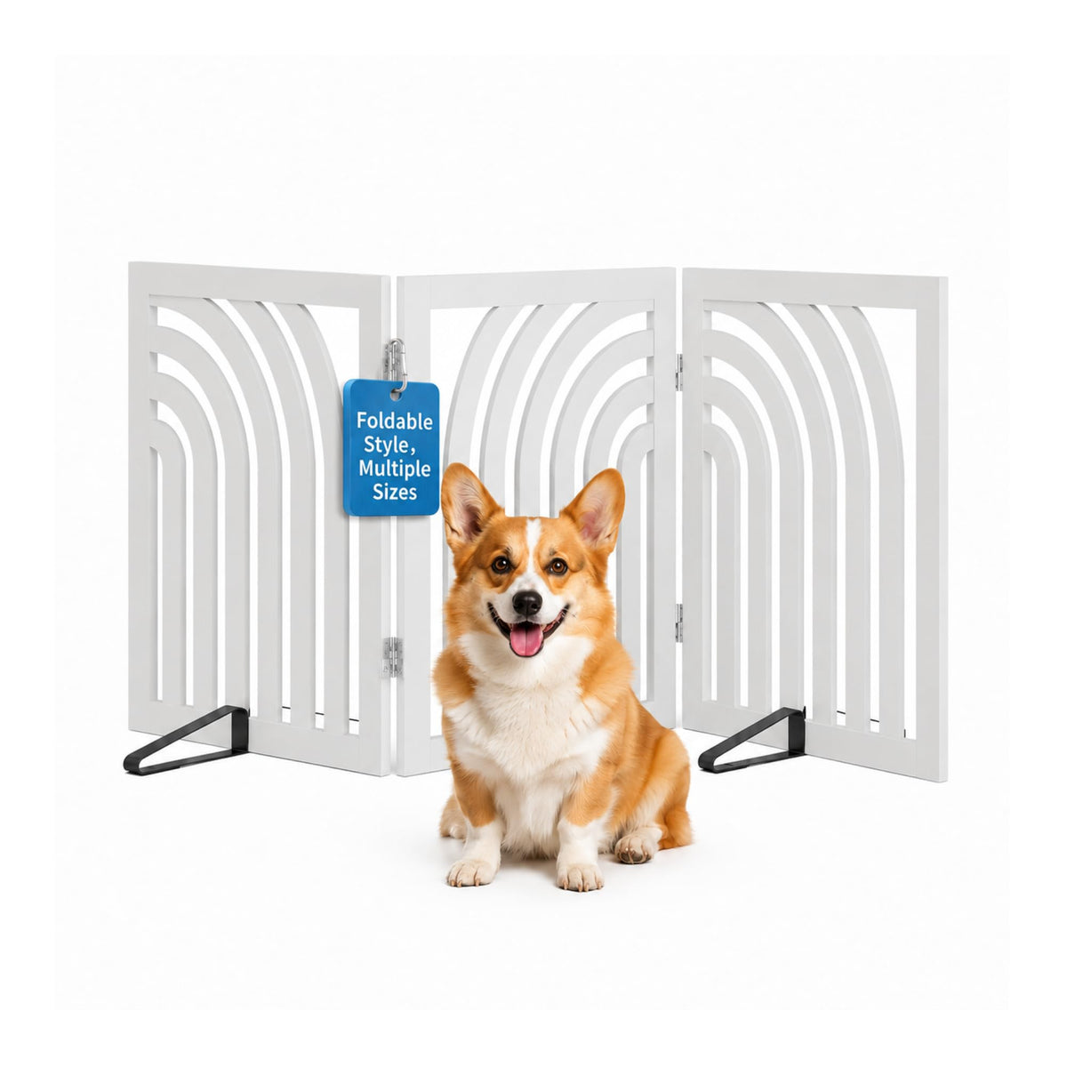 Semiocthome Dog Gate Wooden 360° Foldable 24 Inch Height Freestanding Pet Safety Gate with 2 Metals Stands for Puppy Indoor House Use (Brown, 2-Panel, Rounded Corner Pattern)