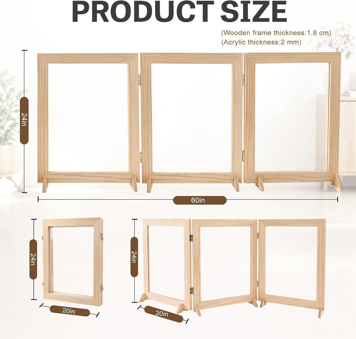 Wood Clear Dog Gate, Clear Acrylic Pet Gate for Dogs, Free Standing Pet Gates with Wooden Legs Prevent Tipping for Doorways, 3-Folding Freestanding Puppy Cat Fence, Dog Barriers for Indoor