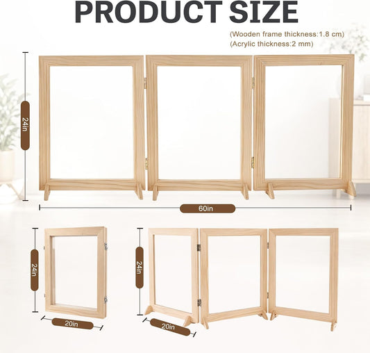 Wood Clear Dog Gate, Clear Acrylic Pet Gate for Dogs, Free Standing Pet Gates with Wooden Legs Prevent Tipping for Doorways, 3-Folding Freestanding Puppy Cat Fence, Dog Barriers for Indoor