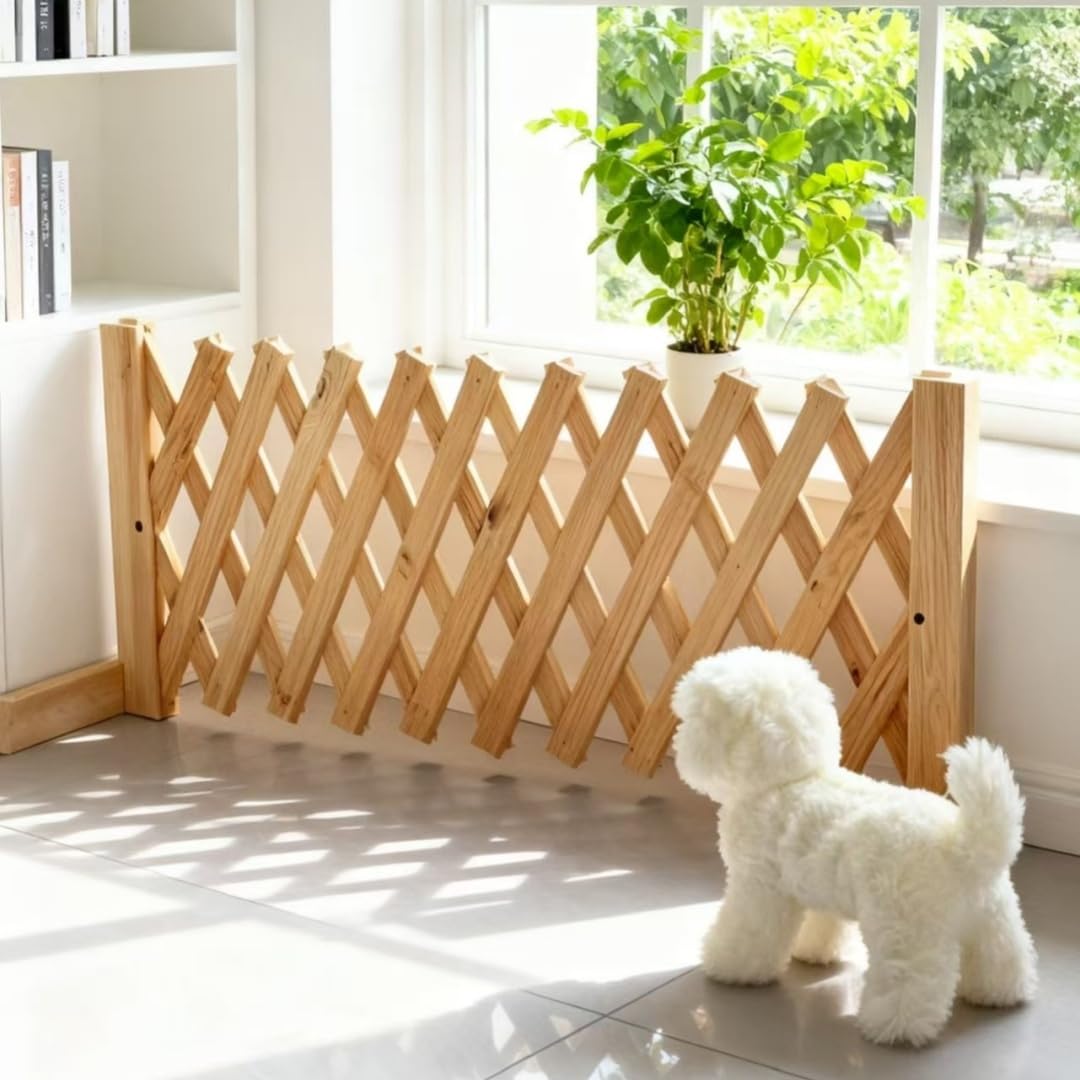 Expandable Wooden Dog Gate, Indoor Outdoor Dog Fence(Wood,L)
