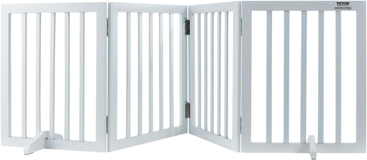 VEVOR Freestanding Pet Gate, Wooden 24" H x 80" W, 4-Panel Foldable Gate for Wide & Narrow Passageways, Expandable Dog Barrier with Silent Foot Support, White