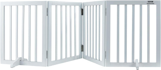 VEVOR Freestanding Pet Gate, Wooden 24" H x 80" W, 4-Panel Foldable Gate for Wide & Narrow Passageways, Expandable Dog Barrier with Silent Foot Support, White