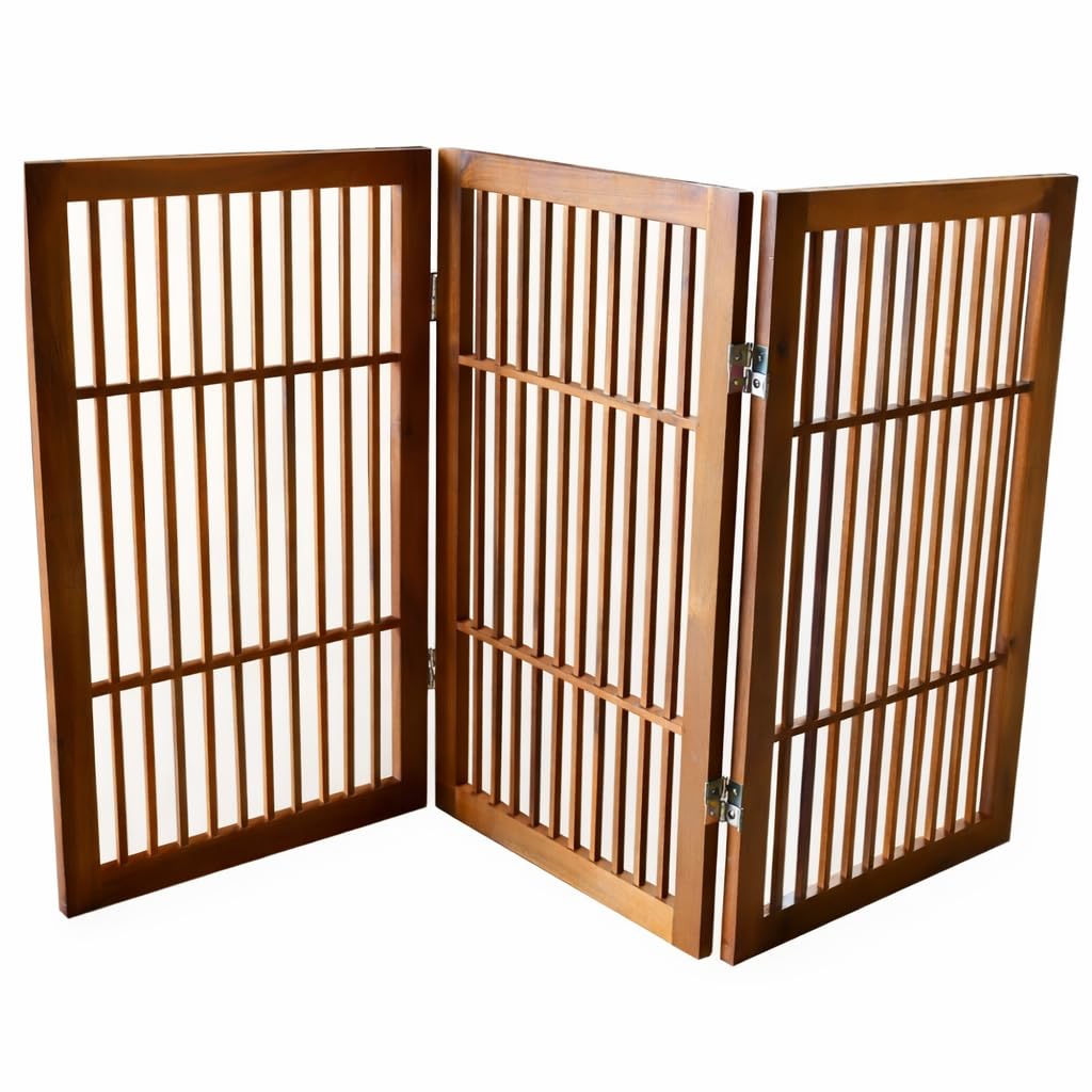 Urnporium Pet Dog Gate Freestanding, Strong Durable Folding Wooden Fence, Portable Acacia Hardwood Safety Barrier for Indoor & Outdoor Use (Brown Pet Gate, 3 Panel 30" Tall)