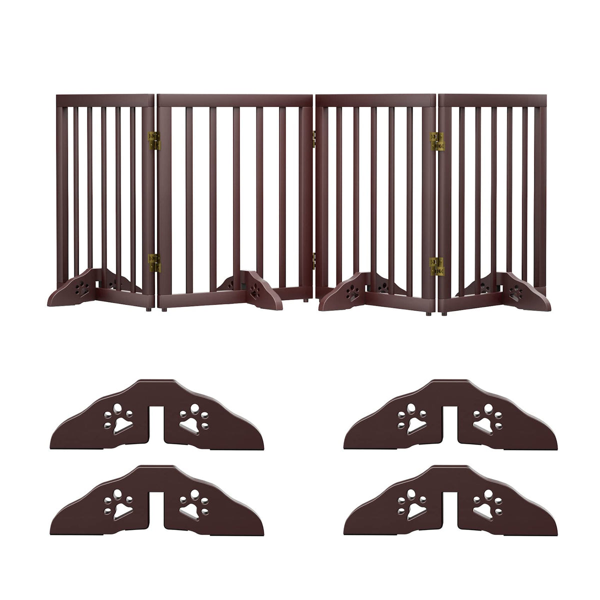 Semiocthome Dog Gate Indoor 2-Panel Freestanding Puppy Gates for The House with 2 Metal Stands 24" H Folding Wood Pet Gate for Stairs Doorway, Fully Assembled Safety Fence - Walnut