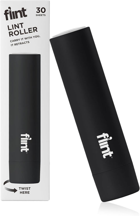 Flint Classic Black Retractable Mini Lint Roller with 30 Extra Sticky Sheets, Small and Portable Lint Roller, Ideal Pet Hair Remover, Travel Lint Rollers for pet Hair Extra Sticky