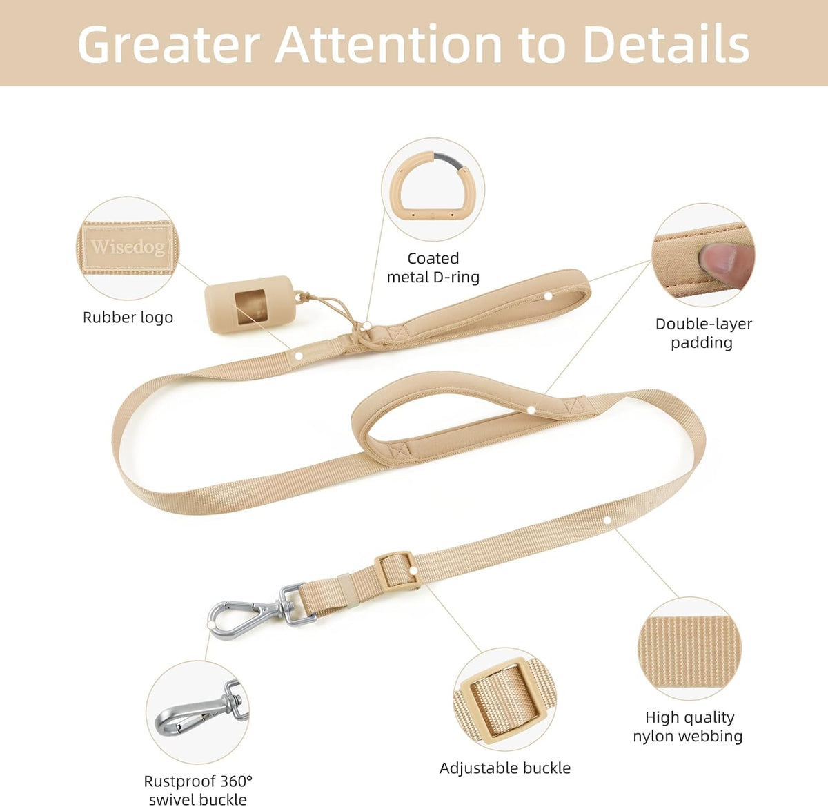 Wisedog Two Handles Dog Leash, Sand Color, S 0.8" x 4.2-5 ft