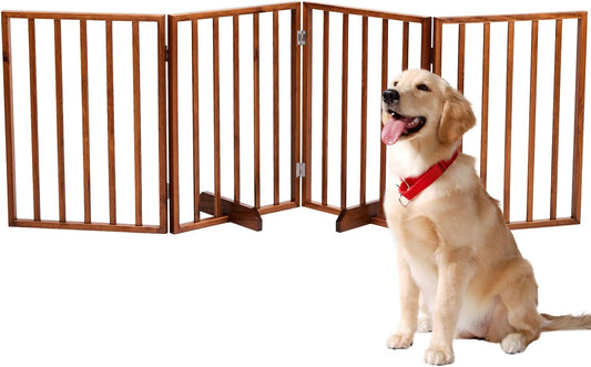 Outvita Freestanding Dog Gate, 24" H Foldable Wooden Pet Barrier Fence, 4-Panel Extra Wide Pet Fence with Support Feet for Stairs, Hallways,Doorways(Brown)