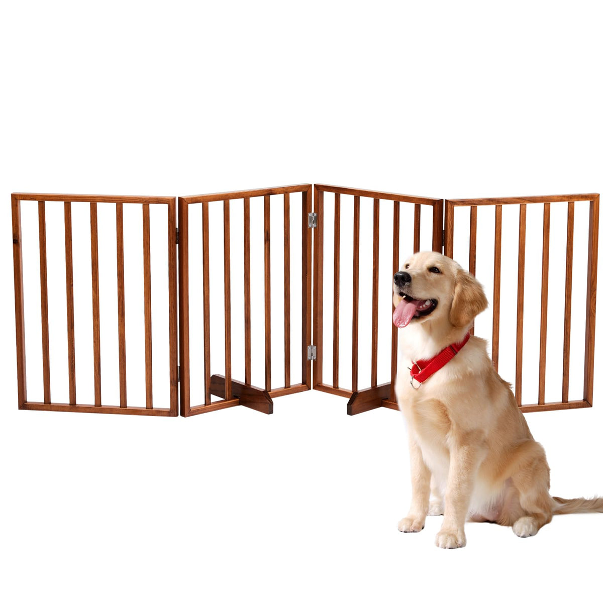 Outvita Freestanding Dog Gate, 24" H Foldable Wooden Pet Barrier Fence, 4-Panel Extra Wide Pet Fence with Support Feet for Stairs, Hallways,Doorways(Brown)