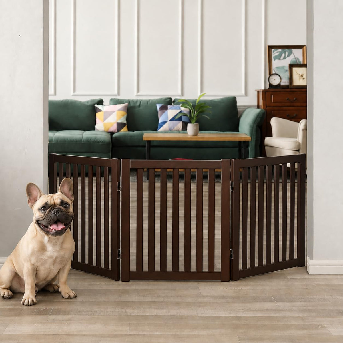 WELLAND Freestanding Dog Gate, Indoor Folding Pet Gate, 3-Panel Espresso