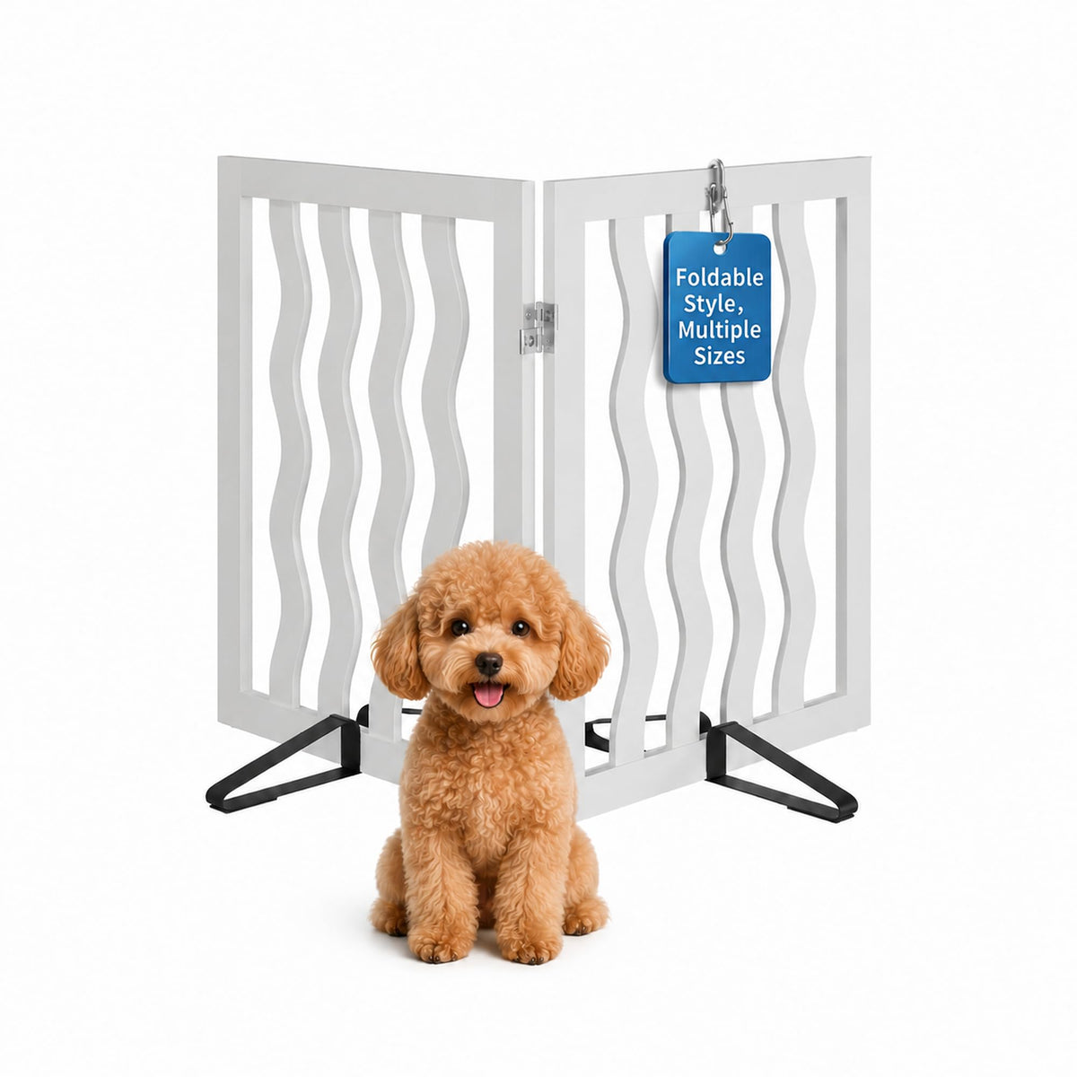 Semiocthome Dog Gate Wooden 360° Foldable 24 Inch Height Freestanding Pet Safety Gate with 2 Metals Stands for Puppy Indoor House Use (Brown, 2-Panel, Rounded Corner Pattern)