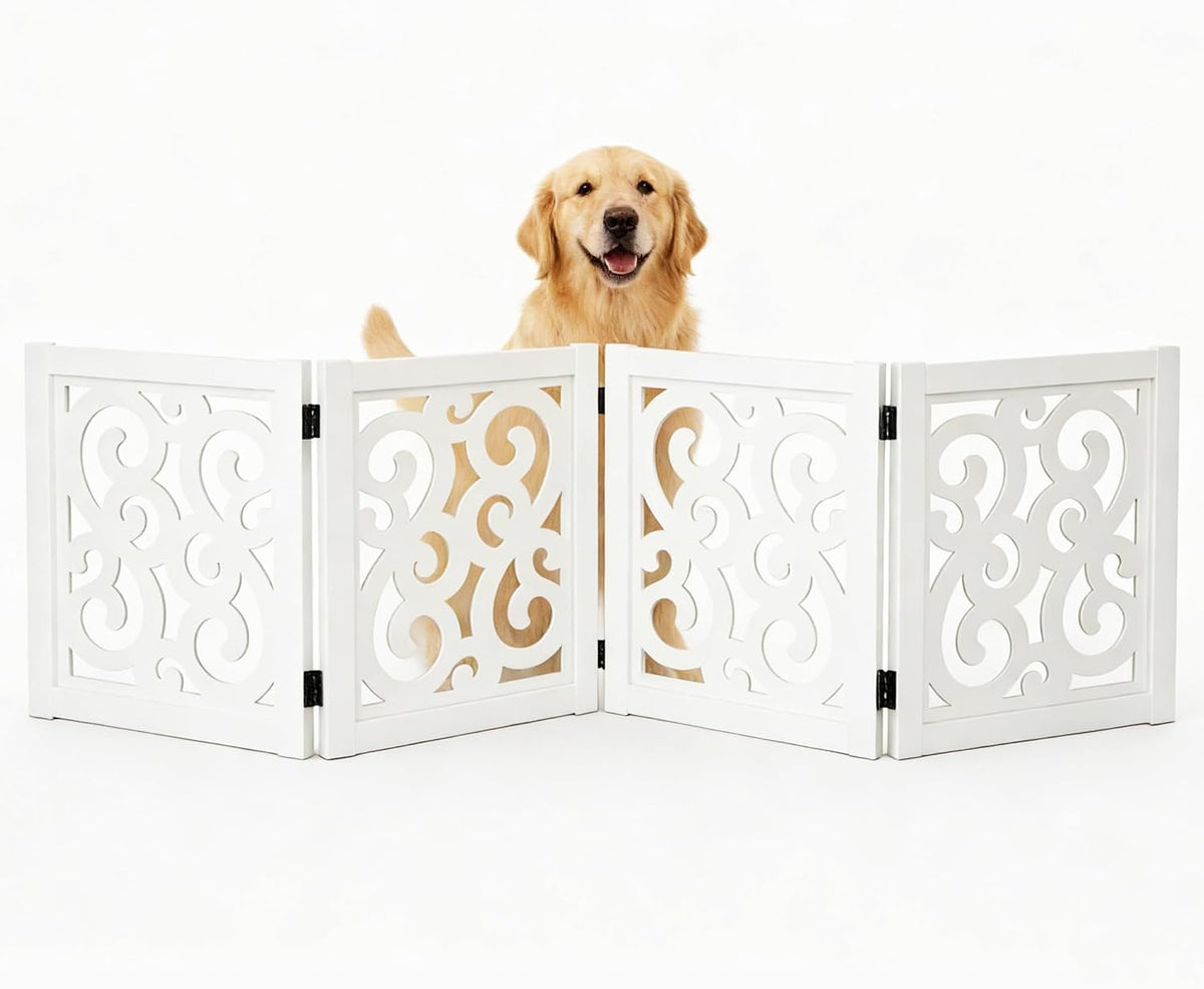 Ashfield & Harkness 4-Panel Pet Gate - Scroll White Wooden Freestanding Dog