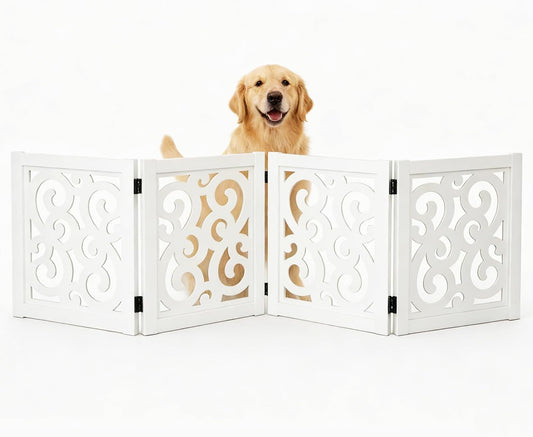 Ashfield & Harkness 4-Panel Pet Gate - Scroll White Wooden Freestanding Dog