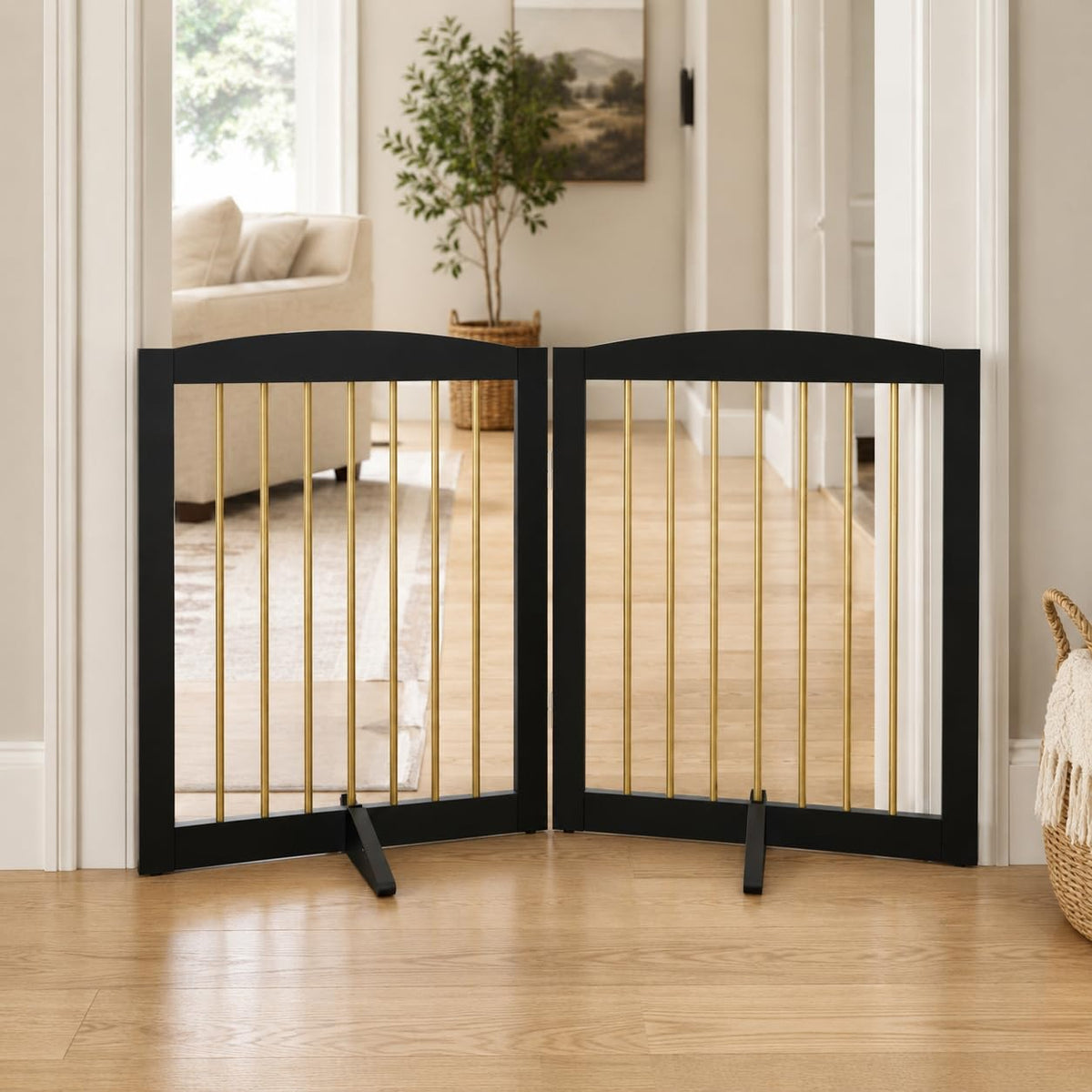 PUPETPO Freestanding Pet Gate for Dogs, Foldable Wooden Dog Gate for House, Indoor Pet Barrier for Stairs, Doorways, Support Feet Included, 24" Height 2 Panels, White