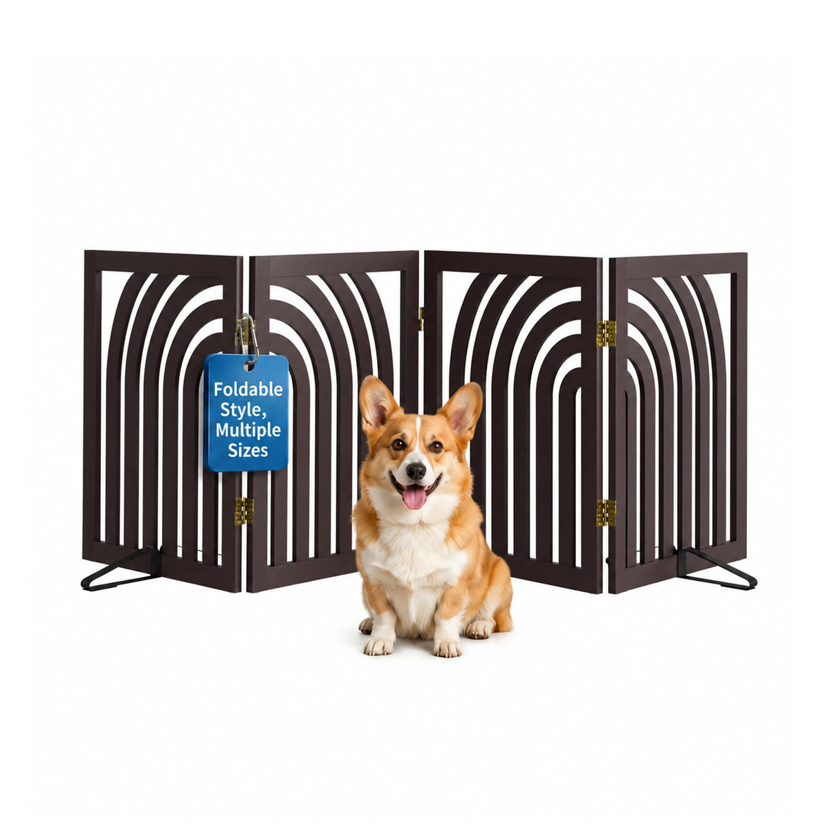 Semiocthome Dog Gate Wooden 360° Foldable 24 Inch Height Freestanding Pet Safety Gate with 2 Metals Stands for Puppy Indoor House Use (Brown, 2-Panel, Rounded Corner Pattern)