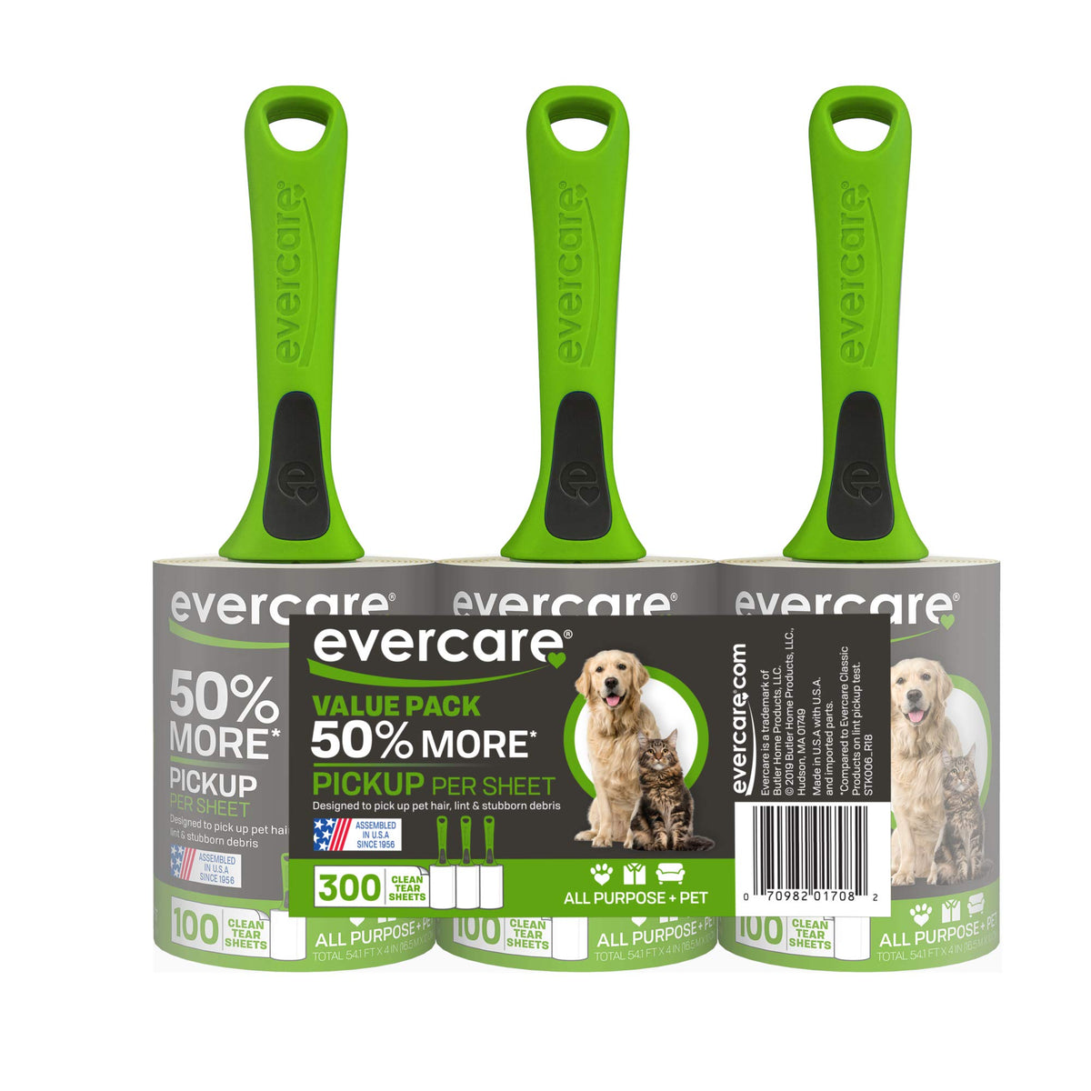 Evercare Pet Hair Lint Rollers All Purpose Use Easy-Tear Sheets Per Roll Reusable Sticky Roller Pets Cat,Dog Hair Remover Contoured Handle for Furniture Clothing & Cars,Green, 200 Sheets (Pack of 12)