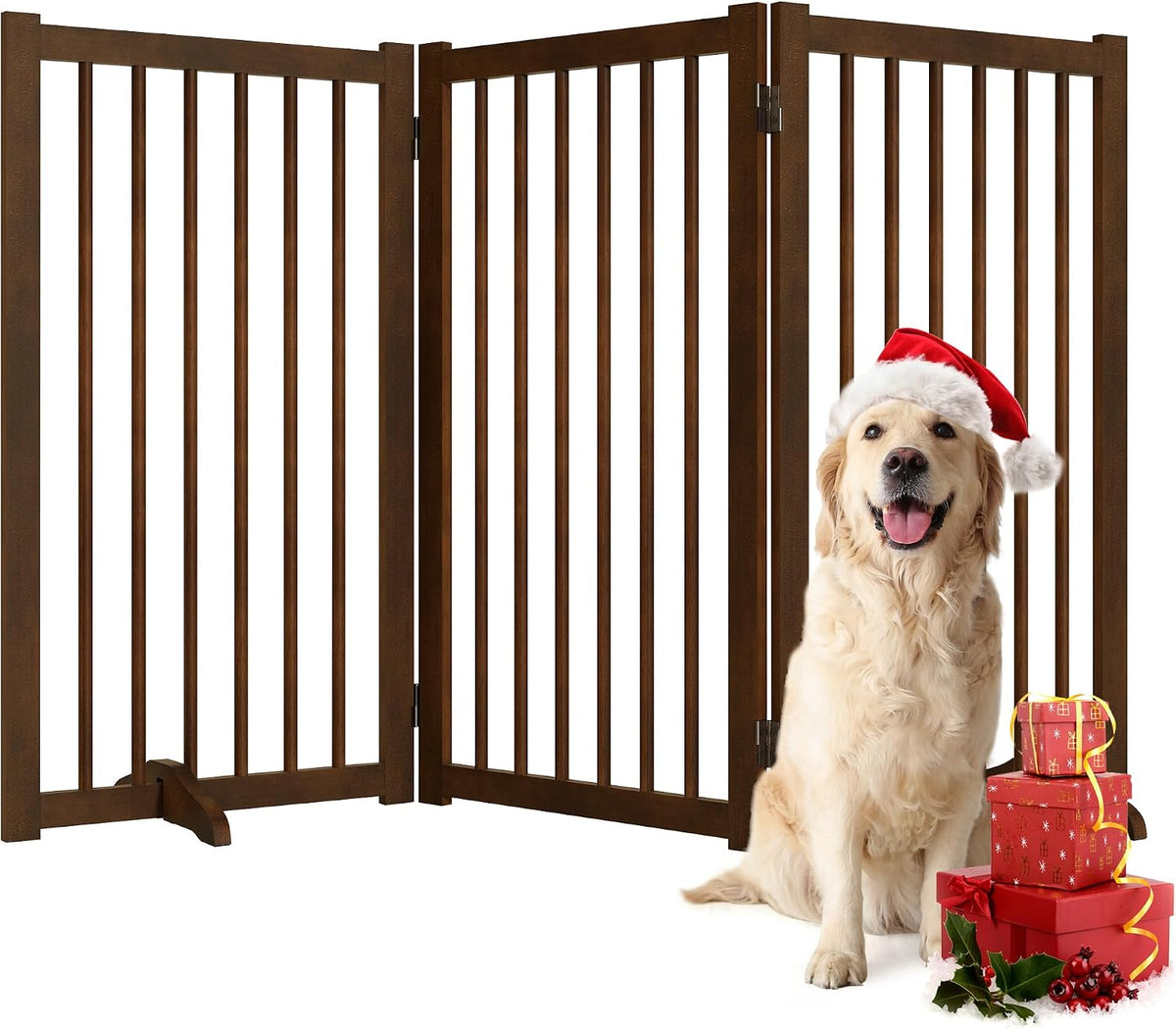 36" H Freestanding Dog Gate, Solid Wood Foldable Pet Gate with Support Feet, Wooden Tall Dog Gate for Doorway, Stairs & Indoor Use, 60" Wide Expandable Pet Fence, 3 Panels, Walnut
