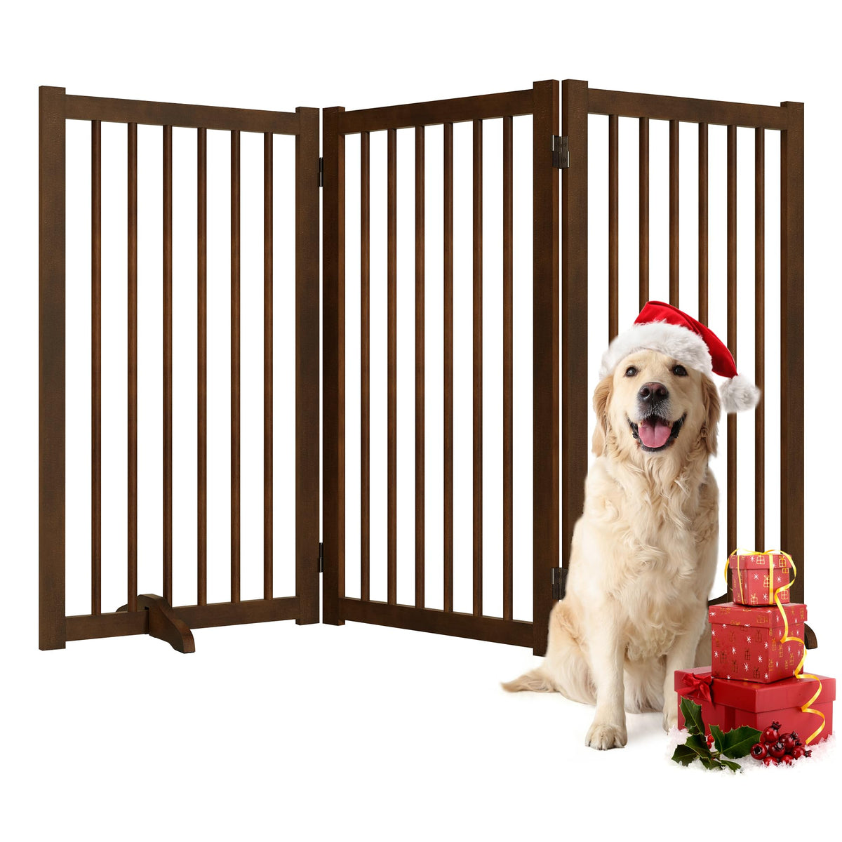 36" H Freestanding Dog Gate, Solid Wood Foldable Pet Gate with Support Feet, Wooden Tall Dog Gate for Doorway, Stairs & Indoor Use, 60" Wide Expandable Pet Fence, 3 Panels, Walnut