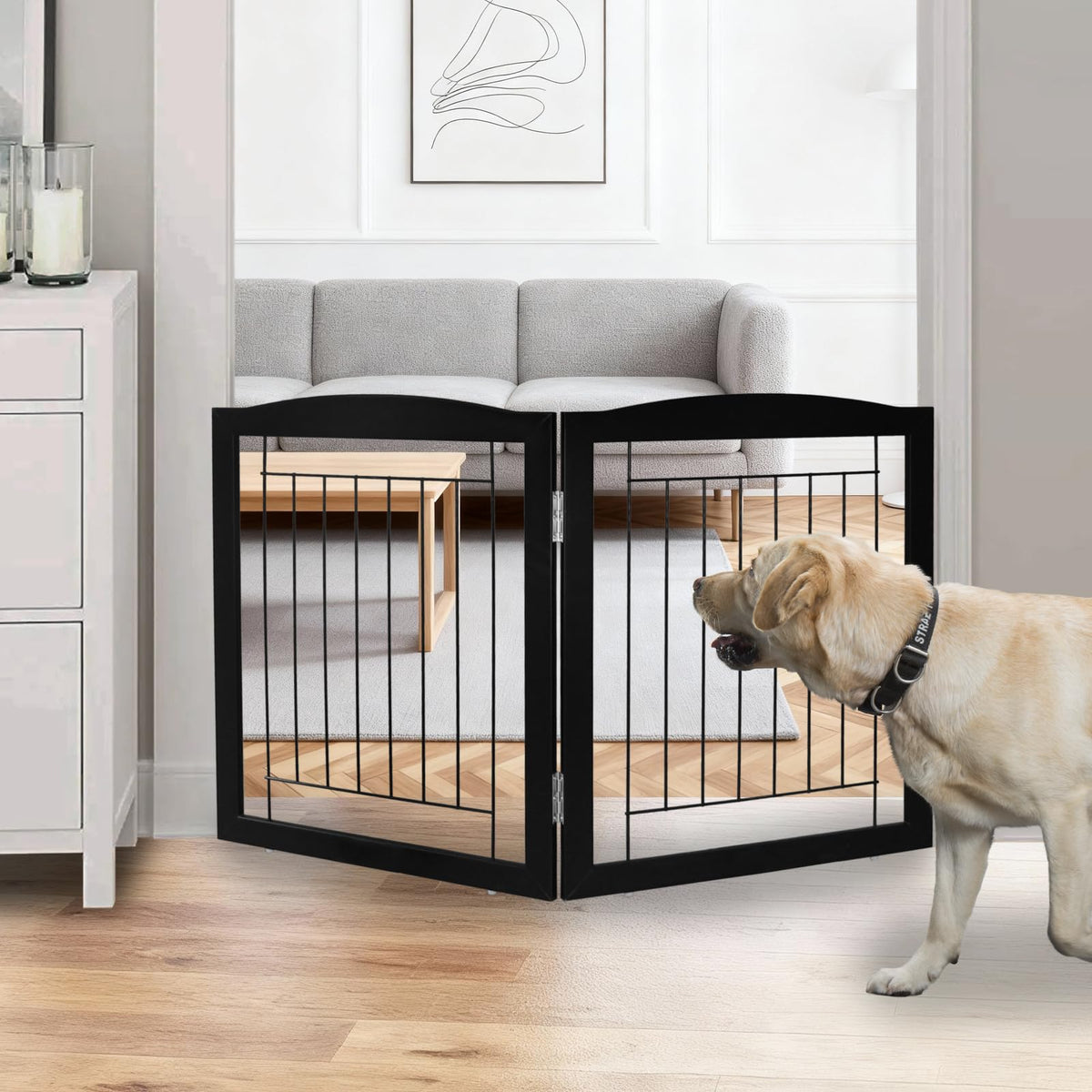 ZJSF Freestanding Foldable Dog Gate for House Extra Wide Wooden White Indoor Puppy Gate Stairs Doorways Pet Gate Tall Dog Fence 3 Panels Fence