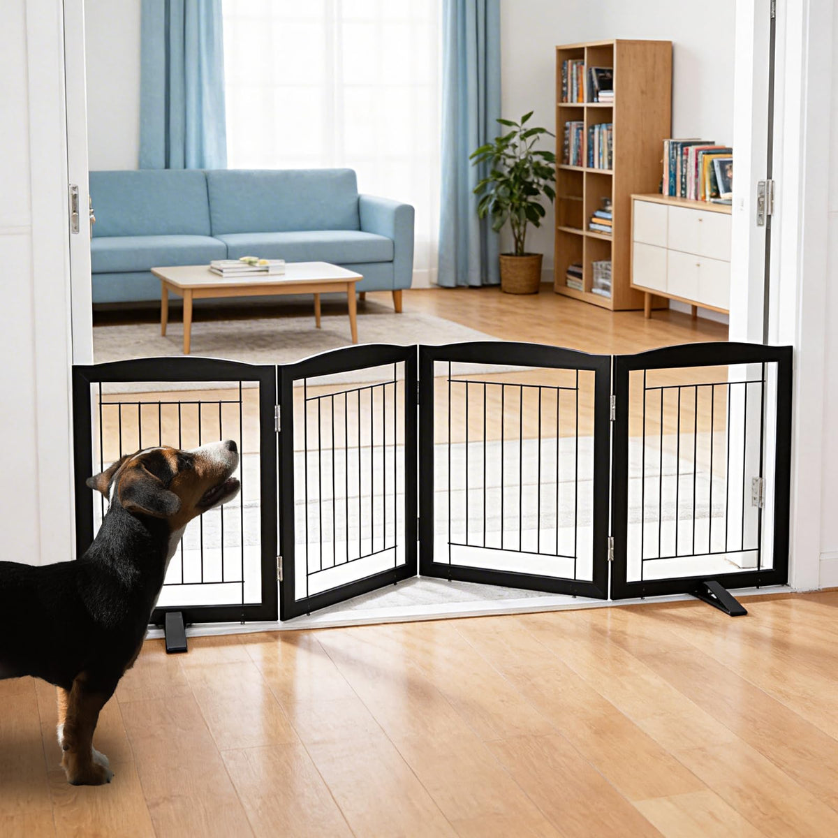 ZJSF Freestanding Dog Fence Indoor, Foldable Dog Gate for Doorways, Stairs or Hallways, Sturdy Wood Extra Wide Pet Gate with Support Feet for The House, White, 24 "Height-3 Panels