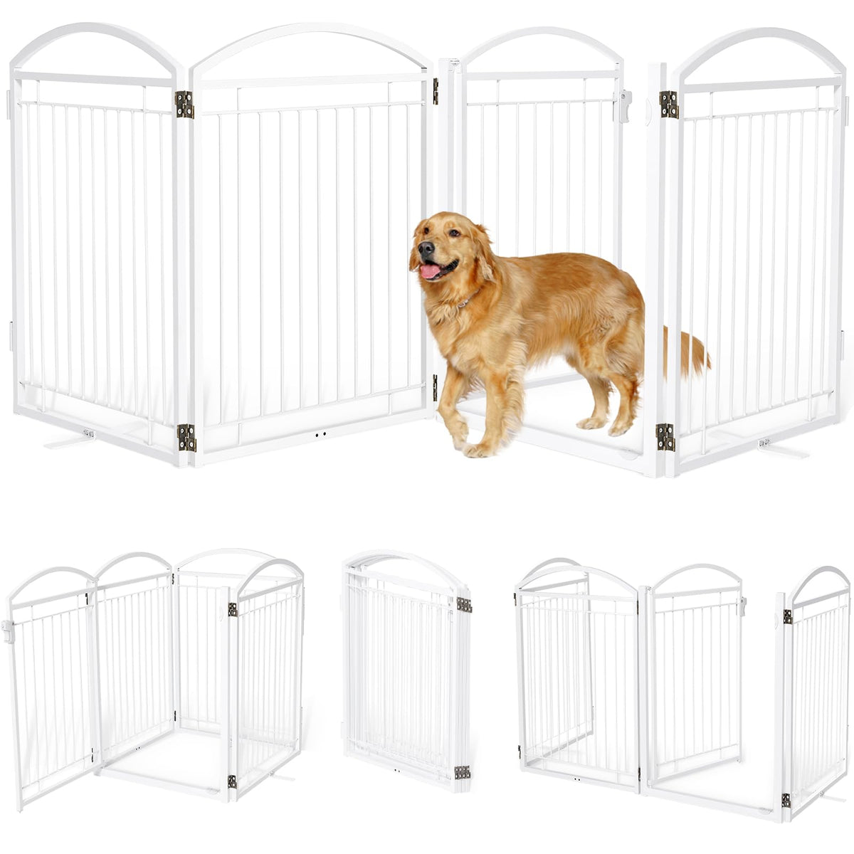 Full Metal Free Standing Dog Gate with Door for Outdoor Indoor,96'' Extra Wide 36'' Tall Dog Gates for Doorways,Large Openings,Decks,Porch,Freestanding Portable Pet Fence(4 Panels,Black)