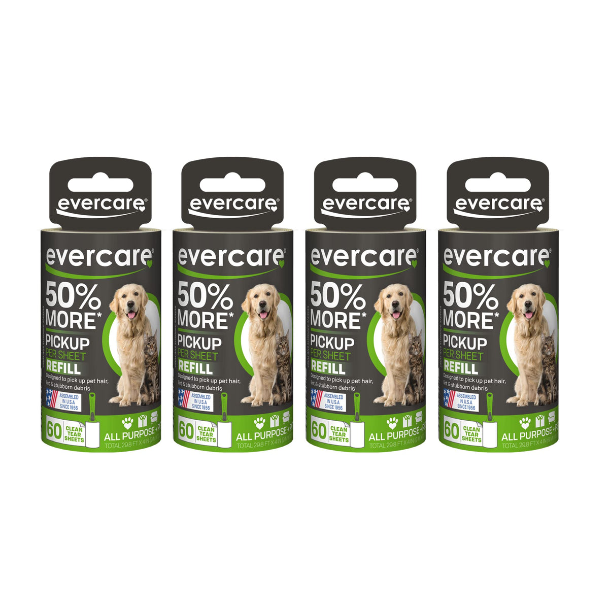 Evercare Pet Lint Roller Refill, Manual Operation, 60 Sheets per Roll, 6 Count Refill Pack for Pet Hair Removal, Green