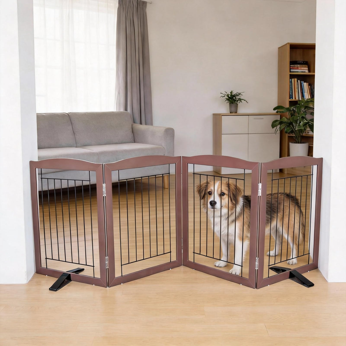 Dog Fence Indoor,Dog Gate Indoor for Doorway pet gate -3-Panel Freestanding, Hallways, House or Stairs -60x24-Inch Retractable Foldable Expandable Wood Pet by SFJC (Brown) ﻿